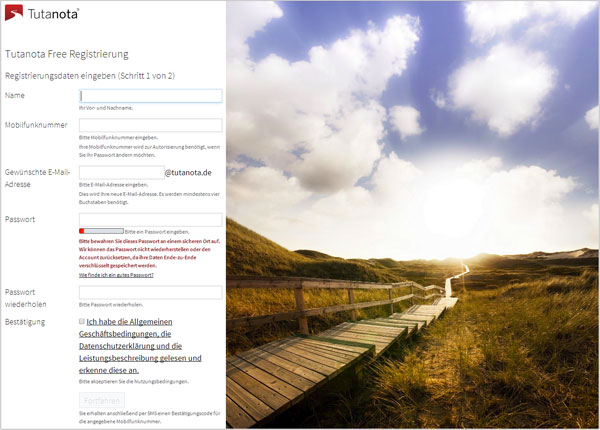 Tutanota kostenlose Registrierung